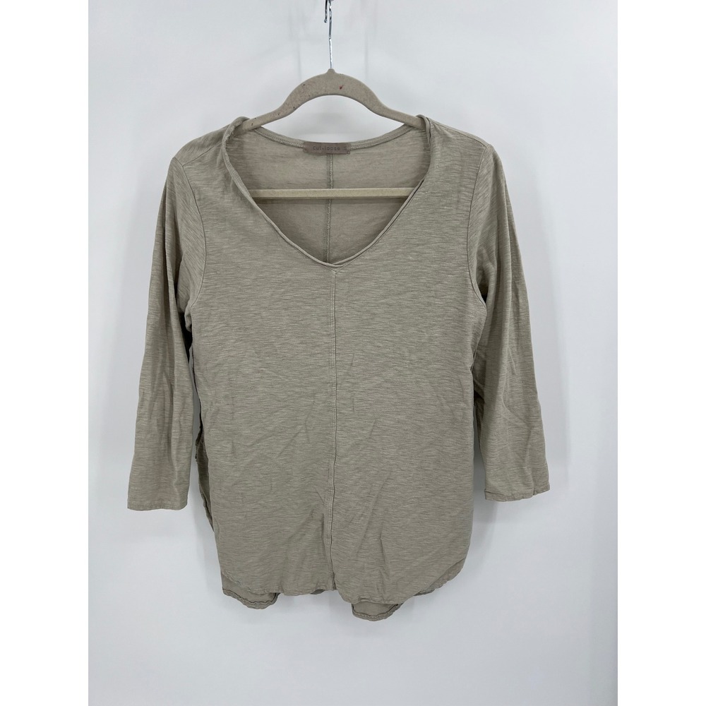 Cut Loose Womens M V-Neck Top Cotton Linen Blend 3/4 Sleeve Taupe Slub‎ Knit USA